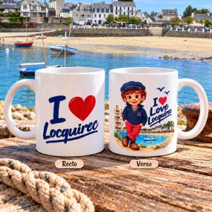Mug I Love Locquirec avec Loïk, présenté recto verso sur le port de Locquirec en Bretagne.